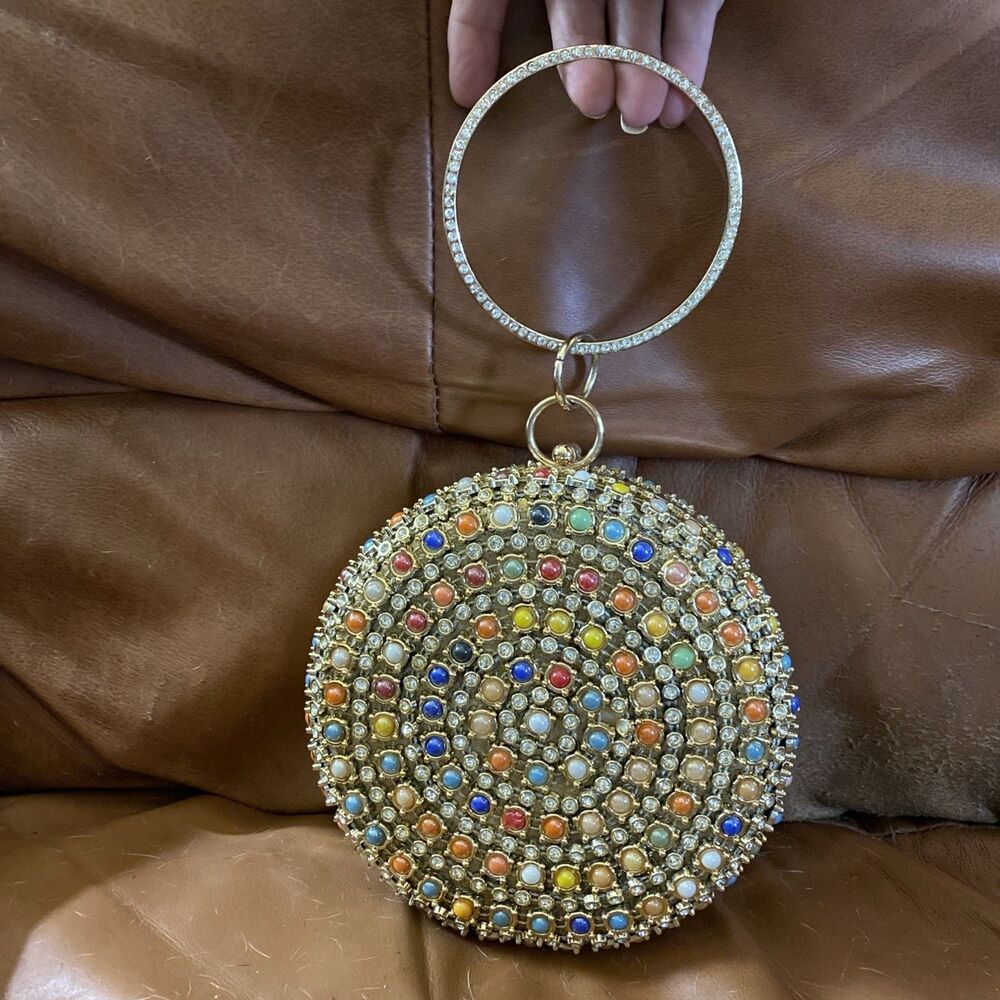 Corios Women's  Evening Rhinestone Ring Handle Purse Crossbody Clutch Gold
